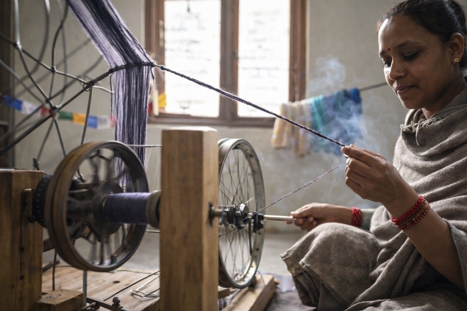 Artisan spinning fine Himalayan pashmina yarn on a traditional wooden charkha inside a Nepalese workshop
